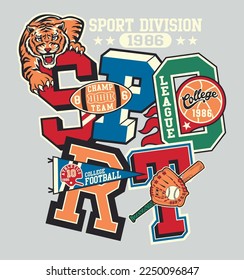 College sporting division sticker patchwork vintage vector artwork for boy shirt athletic patches mix collection