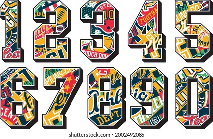 College sporting numbers set with athletic badges vector patchwork background