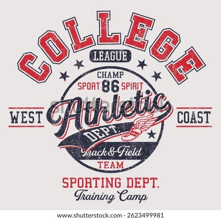 College sporting track and field athletic department vintage vector print for children kid boy t shirt sport wear grunge effect in separate layer