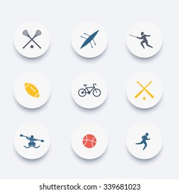 College sports, activities, coloured icons set, vector illustration