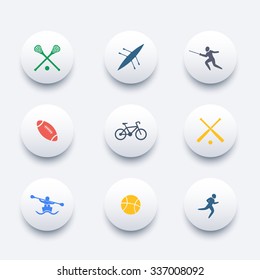 College sports, activities, round colored icons, vector illustration