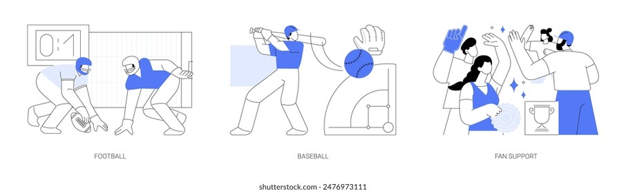 College sports isolated cartoon vector illustrations set. Students playing American football, young sporty guy holding baseball the bat in hand, fans support university team vector cartoon.