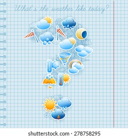 College squared notebook page day weather forecast symbols labels and pen ink sketch composition abstract vector illustration