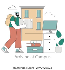 College student arriving at dormitory with belongings for the new academic year. The excitement of campus life begins. Vector illustration.