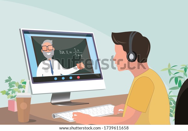 college student attending online class\
listening to lecture by a\
professor