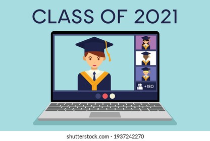 college student attending online graduation 2021 ceremony via video call