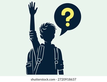 Estudiante universitario con su mochila levantó la mano para indicar que tiene una pregunta. Adolescente de Ilustración vectorial plana mirando al espectador aislado sobre fondo claro. Para pictograma, pegatina