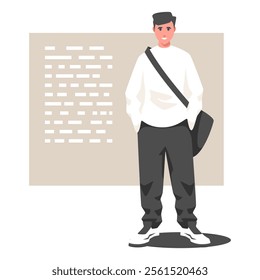College student with a bag. Cartoon vector illustration