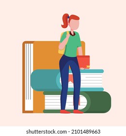 A college student brings book and side bag to Campus. Off to college. Vector colorful illustration.