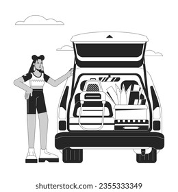 College student car bw vector spot illustration. Latina freshman girl loading car trunk 2D cartoon flat line monochromatic character for web UI design. Road trip editable isolated outline hero image