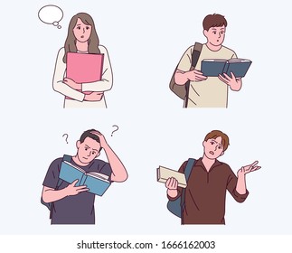 Carácter estudiante universitario con bolso y libros en mano. Están buscando pensar. ilustraciones de diseño vectorial de estilo dibujado a mano. 