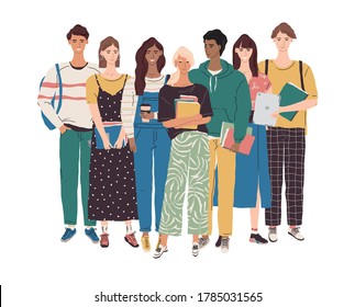 College student character illustration. Vector group of multicultural young people with books, laptop, tablet. International education community concept. University boys and girls learning together