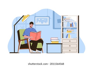 College student concept. Teenager reads book, studies subject from textbook situation. Pupil learns in library people scene. Vector illustration with flat character design for website and mobile site