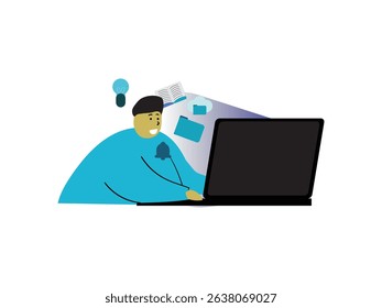College Student Doing Digital Learning at Home with Laptop and Educational Icons – Flat Illustration

