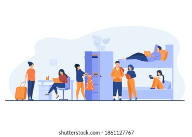 College Student Dorm Interior. Young Travelers Stopping In Hostel. Vector Illustration For Alternative Accommodation, Backpackers House, Trip Concept