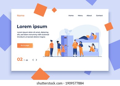College student dorm interior. Young travelers stopping in hostel. Vector illustration for alternative accommodation, backpackers house, trip concept