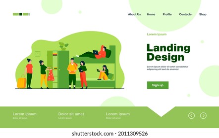 College student dorm interior. Young travelers stopping in hostel. Vector illustration for alternative accommodation, backpackers house, trip concept