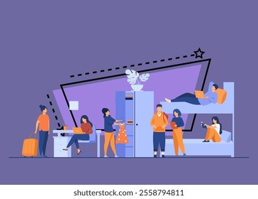 College student dorm interior. Young travelers stopping in hostel. Vector illustration for alternative accommodation, backpackers house, trip concept