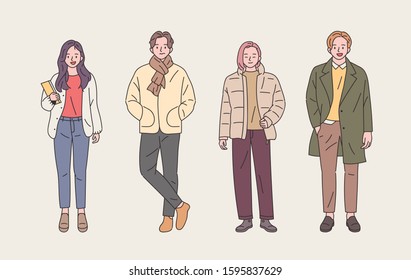 College student fashion character set. hand drawn style vector design illustrations. 