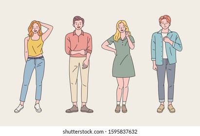 College student fashion character set. hand drawn style vector design illustrations. 