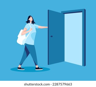 College student girl opening door. Concept business illustration. opening a door, meeting people. Vector flat style cartoon illustration.