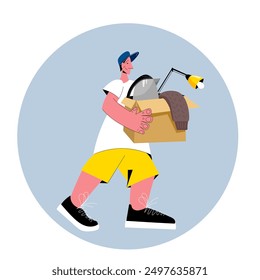 College student goes into dormitory or student apartment. Young man holding a cardboard with belongings, moving to universitety. Flat vector illustration. 