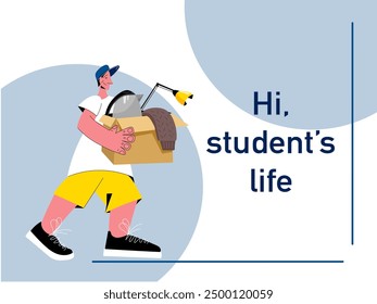 College student goes into dormitory or student apartment. Young man holding a cardboard with belongings, moving to universitety. Flat vector illustration. 