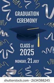 College student graduation degree ceremony and party poster invitation flyer with cap and hat