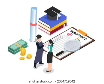 College student in graduation gown talking with education insurance agent. isometric vector concept