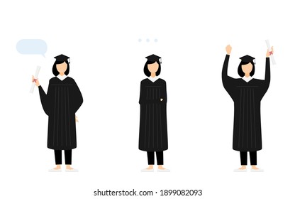 College student in graduation mortarboard and gown, 3 poses