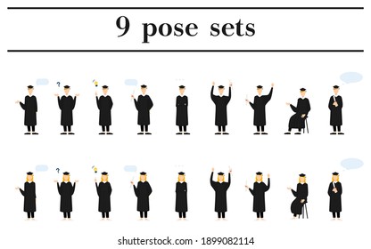 College student in graduation mortarboard and gown, 9 poses