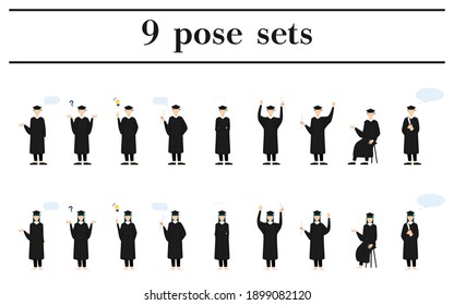 College student in graduation mortarboard and gown, 9 poses