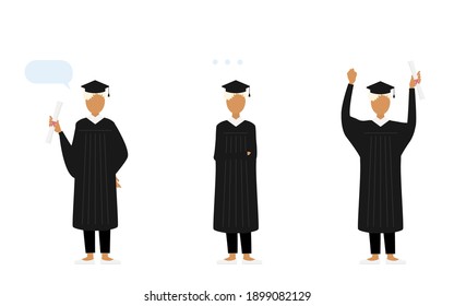 College student in graduation mortarboard and gown, 3 poses