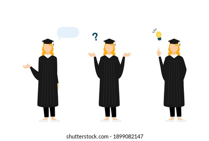 College student in graduation mortarboard and gown, 3 poses