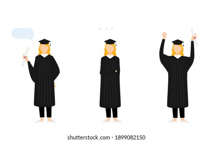 College student in graduation mortarboard and gown, 3 poses