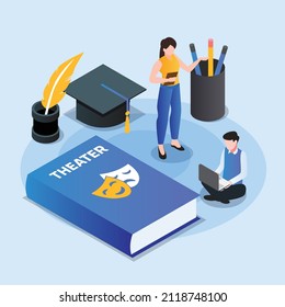 College student learning theater isometric 3d vector illustration concept banner, website, landing page, ads, flyer template