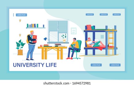 College Student on Twin Bunk Bed Texting Over Phone. Brunet Looking Through Textbook, Sitting by Desk in Dormitory Room, His Friend Bringing Book to Study Together. University Life Landing Page.