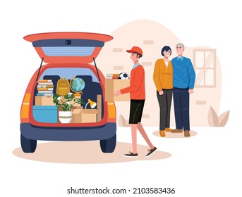 College Student Packing Car And Moving Into Dormitory Or Apartment.