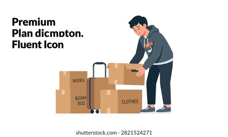 College student packing labeled boxes of books and clothes beside a rolling suitcase in a fluent style vector illustration ideal for campus move-in content.