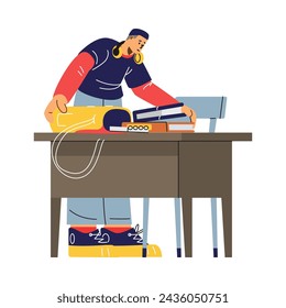A college student packs books into a backpack, celebrating the end of classes. Flat illustration of student life with isolated character. University or college education concept.