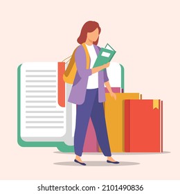 A college student reads book and back bag to Campus. Off to college. Vector colorful illustration.