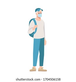 College student in surgical mask semi flat RGB color vector illustration. Caucasian guy with rucksack isolated cartoon character on white background. Pandemic education, covid19 outbreak