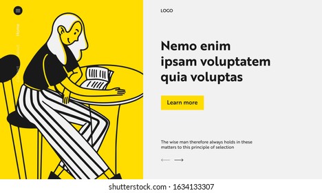 College student with textbook in cafe. Young woman reading book at table flat vector illustration. Knowledge, studying, learning concept for banner, website design or landing web page