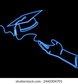 College student throw cap to the air to celebrate school graduation. Undergraduate education icon neon glow vector illustration concept