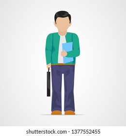 College Student Vector Illustration. Full Length Man College Student - Isolated On Gray Background - Vector. University People. Flat Design Of Young Man. People With Characters