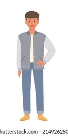 A college student wearing a baseball jacket and standing with his hands on his waist. flat design style vector illustration.