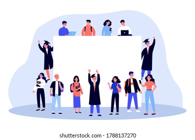 College students around blank banner. Young girls and guys in graduation caps and gowns flat vector illustration. Community, education concept for banner, website design or landing web page