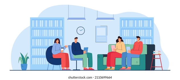 College students with books sitting in reading room together. Group of teenagers or adult persons on sofa and chairs flat vector illustration. Education concept for banner or landing web page