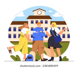 Concepto de estudiantes universitarios. Muchachos y niñas cerca del edificio de la escuela. Educación, aprendizaje y formación. Escolares cerca de la universidad. Dibujo vectorial plano de dibujos animados aislado en fondo blanco