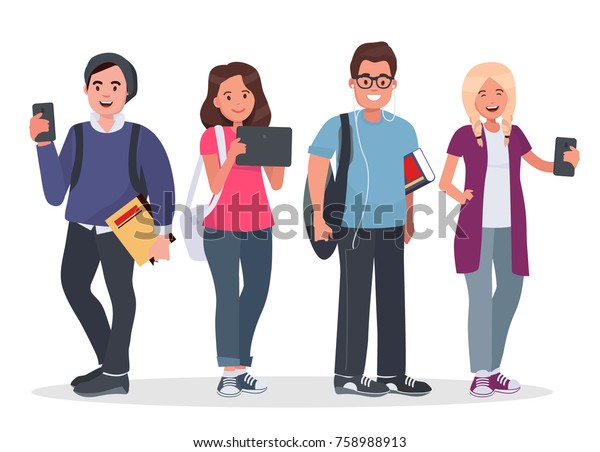 College students concept illustration. Young people with gadgets and